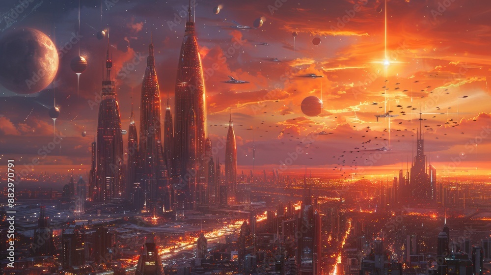 Fototapeta premium Futuristic cityscape at sunset - generative ai