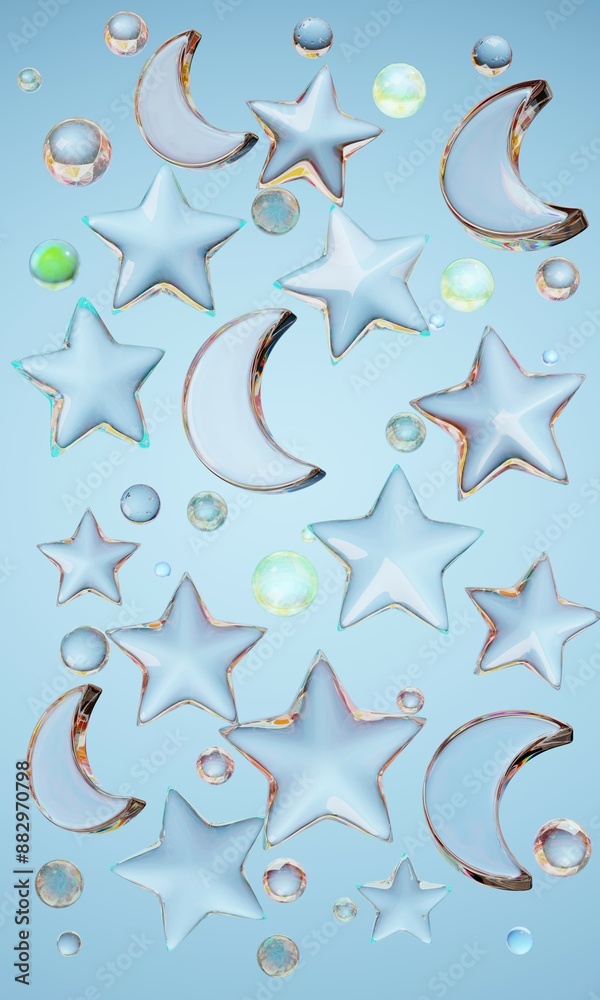 Obraz premium Abstract stars and month on a blue background 3D render. 3D background. Abstract background. 3D graphics. 3D background.