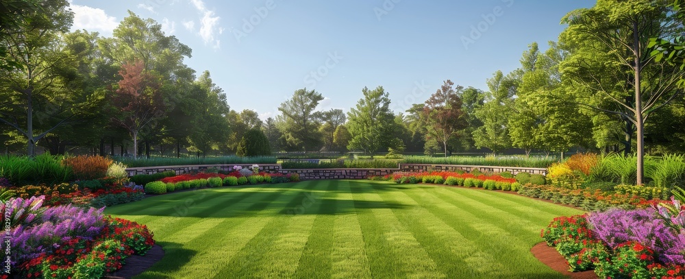 Fototapeta premium A stunning garden featuring a manicured lawn, vibrant flower beds, and lush greenery, set against a backdrop of tall trees and a clear sky.