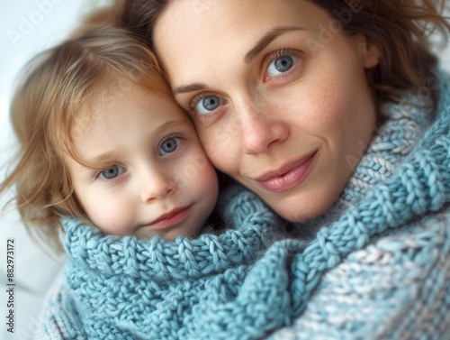 A mother holds her young daughter snugly wrapped in a blanket