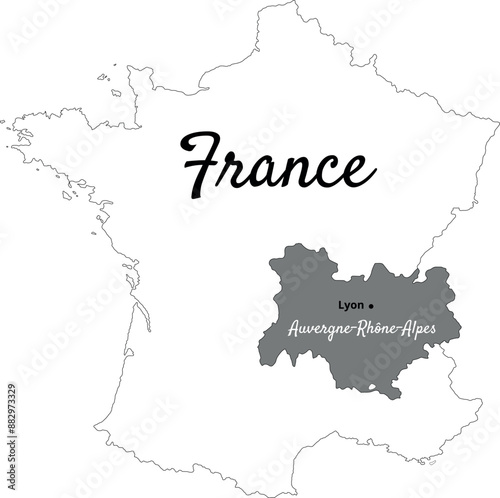 Map of France with the Auvergne - Rhone - Alpes region and the city of Lyon for exploring the region and traveling
