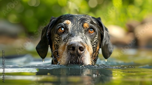 Playful Bluetick Coonhound Splashing in Water with Silly Expression in Lively Setting photo