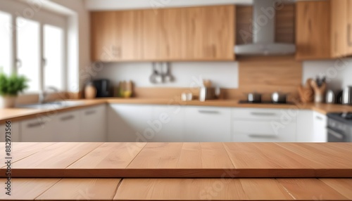 A wooden board with blurred kitchen room background