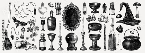 Witchcraft hand-drawn vector illustrations set. Vintage Halloween sketches. Antique apothecary, alchemy design elements. NOT AI generated photo