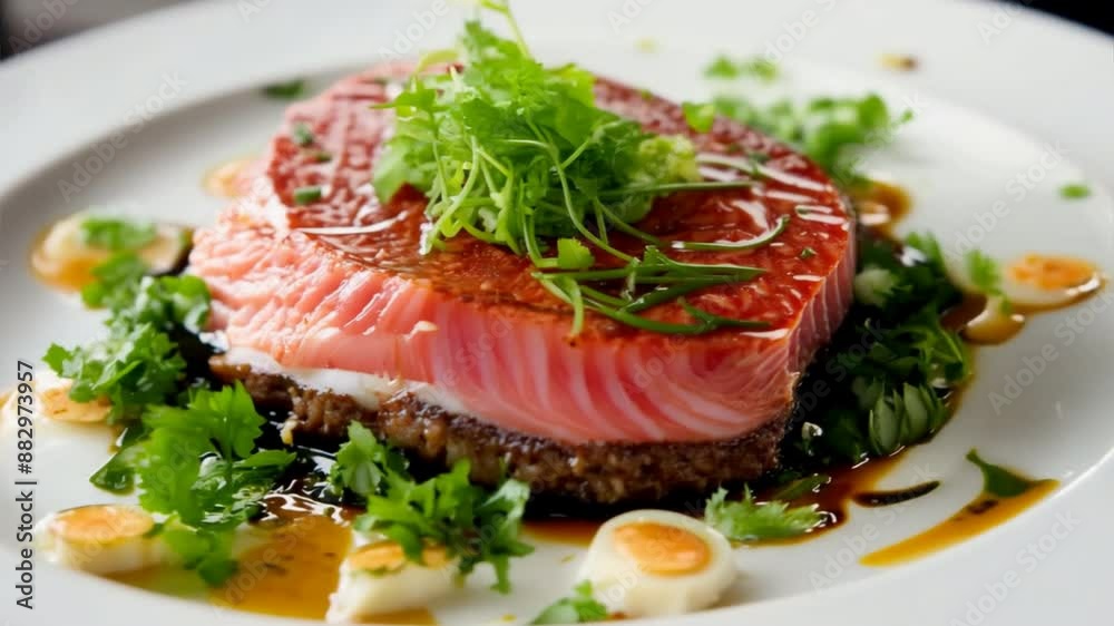 An expert master chef showcasing a beautifully plated tuna steak, with meticulous details and garnishes. Diffused lighting casts a gentle glow over the dish, highlighting its textures and colors. An expert master chef showcasing a beautifully plated tuna steak, with meticulous details and garnishes. Diffused lighting casts a gentle glow over the dish, highlighting its textures and colors.