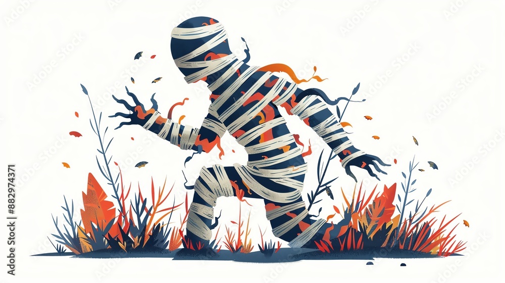 Obraz premium Spooky mummy illustration with autumn leaves. Perfect for Halloween designs.