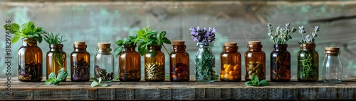 Organic herbal supplements in glass bottles on a wooden table with fresh herbs and roots Natural Product on table concept