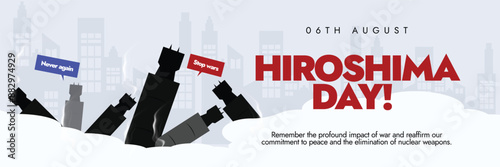 Hiroshima day, remembrance banner, social media post. 6th August Hiroshima day cover banner with atomic bombs dropped on ground. The first atomic bomb, named Little Boy, was dropped on Hiroshima.