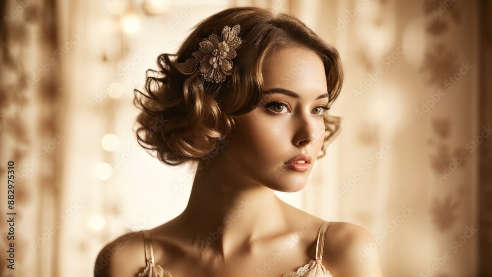 Retro glamour with model in high waist lingerie vintage hairdo soft sepia tones nostalgic mood