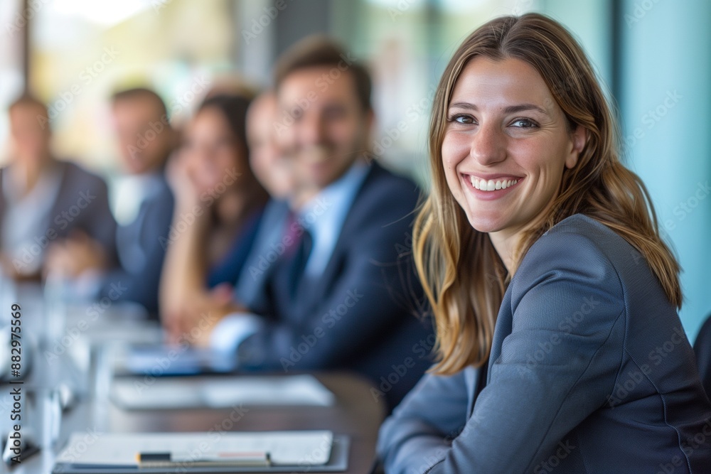 Happy businesswoman with team, high-resolution office setting. Happy businesswoman with team, high-resolution office setting.