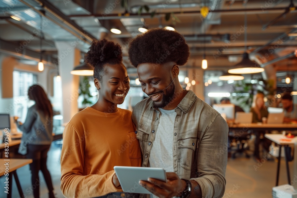 Black professionals use iPad in office, candid tech-fashion shot. Black professionals use iPad in office, candid tech-fashion shot.