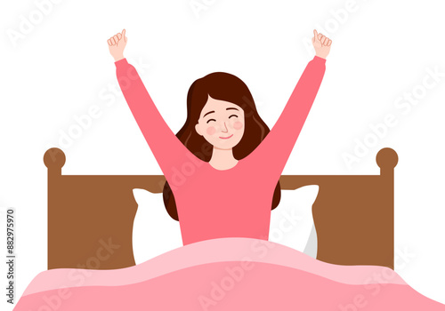 Smiling woman stretching anrms after sleeping in a cozy bed. The concept of a good morning and a good start to the day.