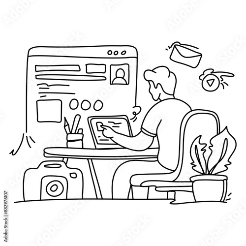 Uncover the beauty of simplicity in Content Creation with a minimalist flat illustration of a creator immersed in the process of writing a blog post