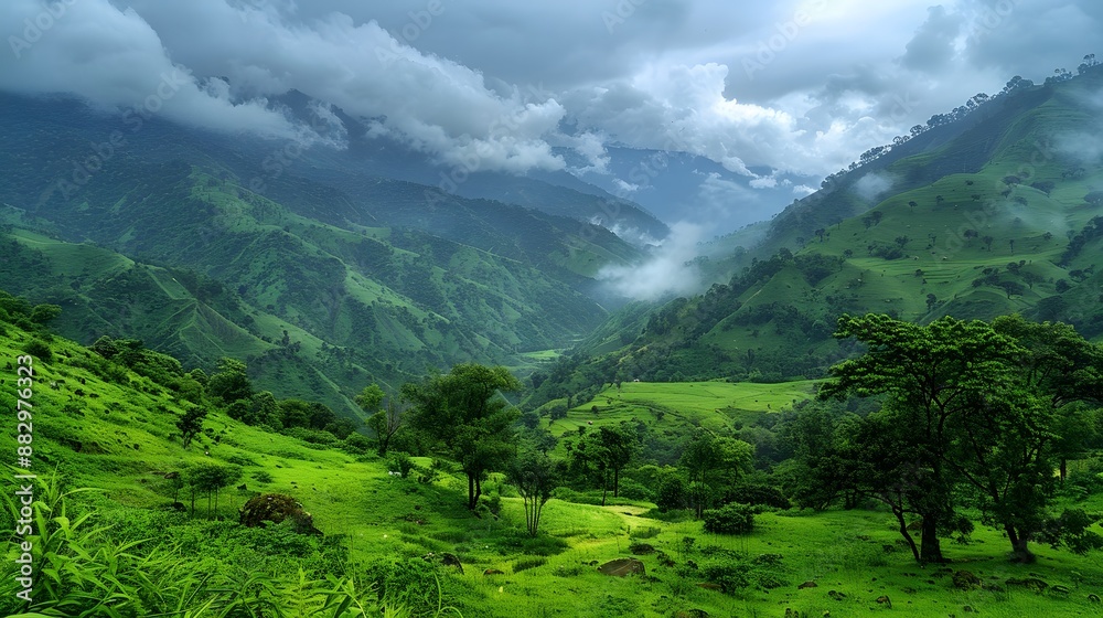 Naklejka premium Majestic view of beautiful lush green valley with trees and colorful grass against picturesque high mountains. 