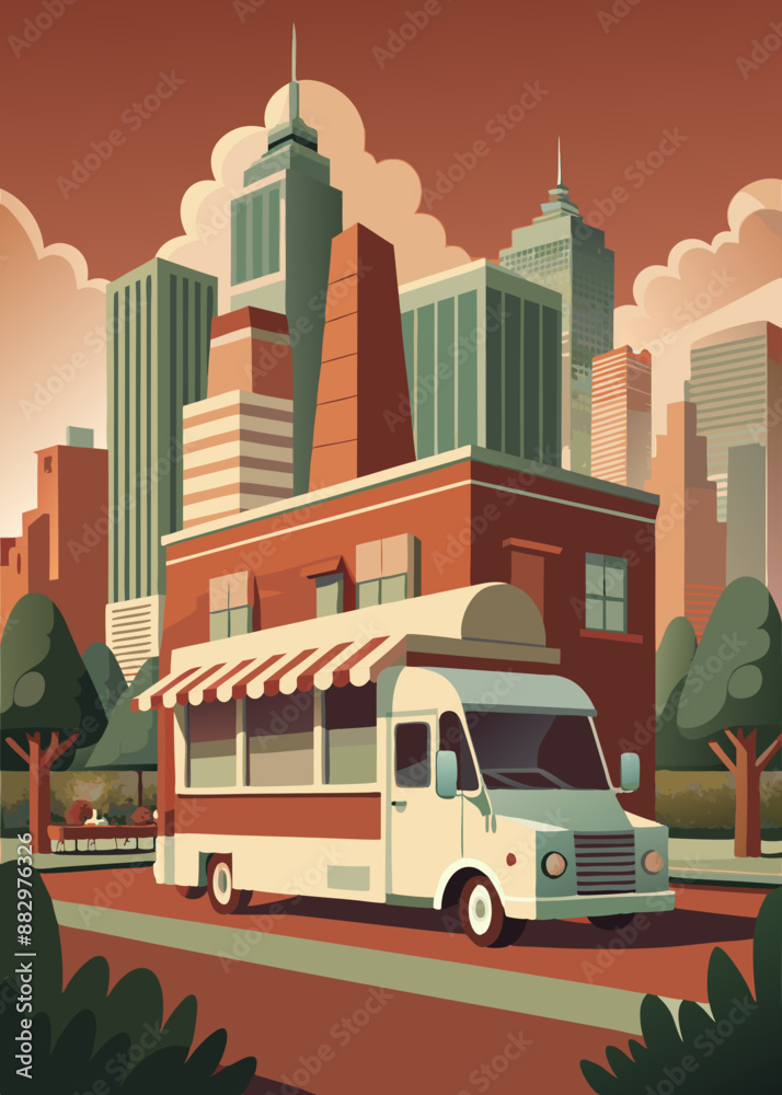 Obraz premium bus on the street cars on the street car in the city bus in the city food truck in city festival food