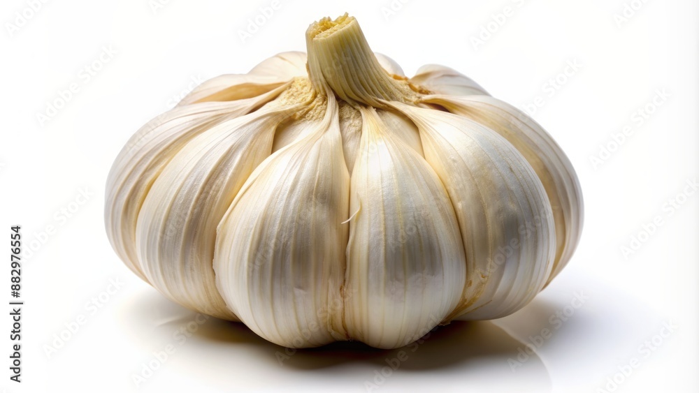 Obraz premium Single, fresh, peeled clove of garlic leaning slightly on its side, isolated against a plain, bright, white background.
