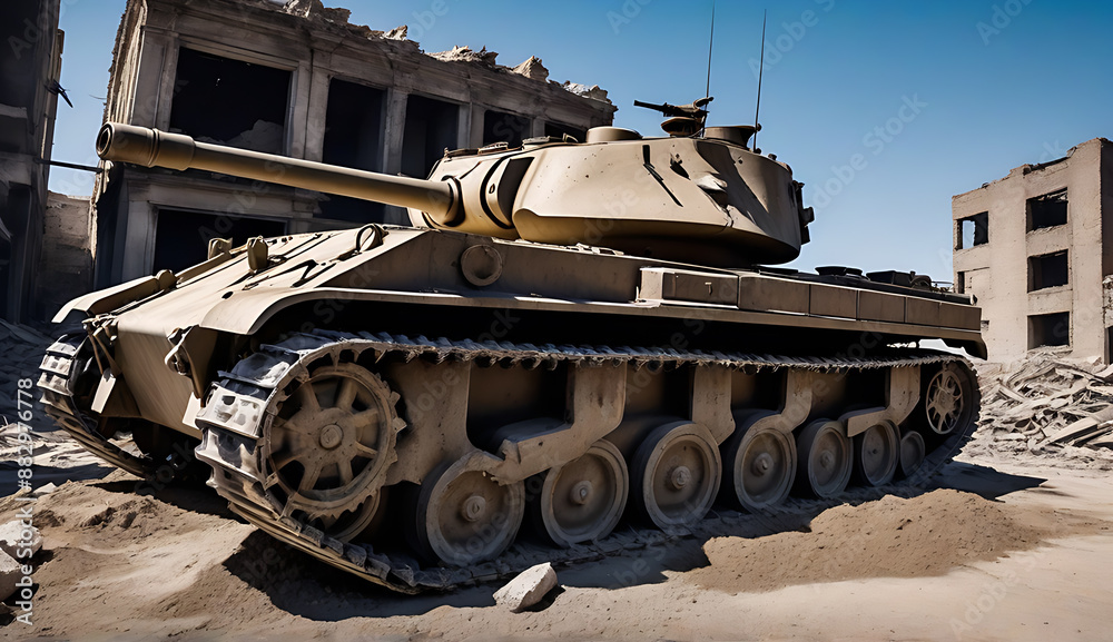 A military tank parked in a war-torn city. A military tank parked in a war-torn city.