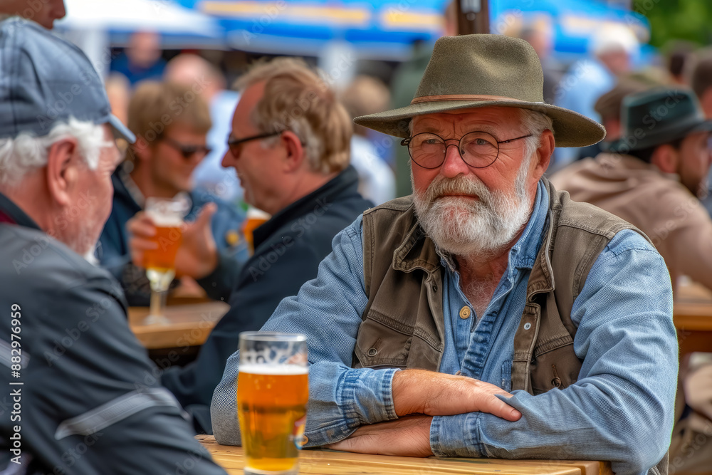 Senior Caucasian man with white beard, glasses and hat having a beer with a friend at the Oktoberfest party Senior Caucasian man with white beard, glasses and hat having a beer with a friend at the Oktoberfest party
