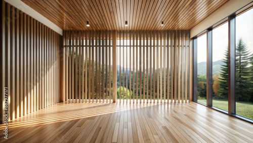 Minimally designed modern interior with vertical wooden slats covering walls and floor in a spacious empty room with natural light.