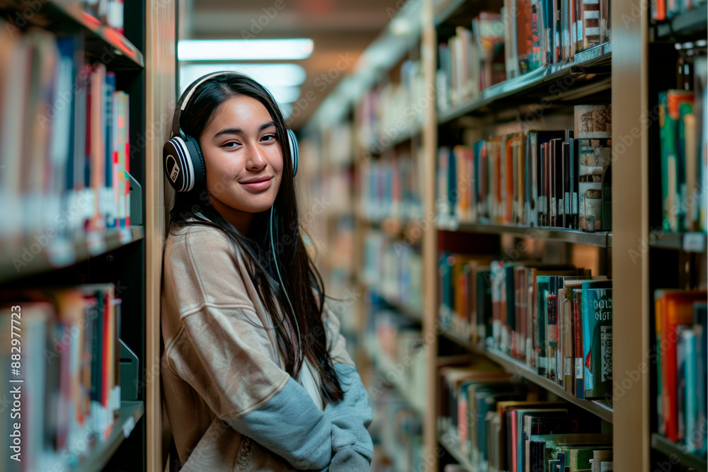 Young Asian Woman Relaxing in Library with Headphones