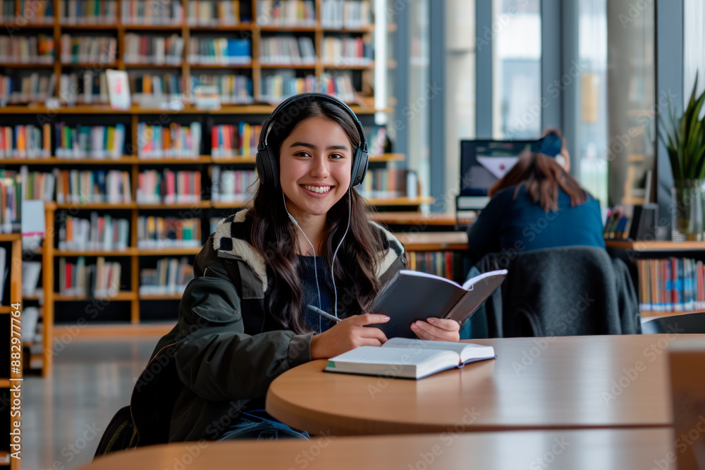 University student enjoying a book with headphones in a library University student enjoying a book with headphones in a library