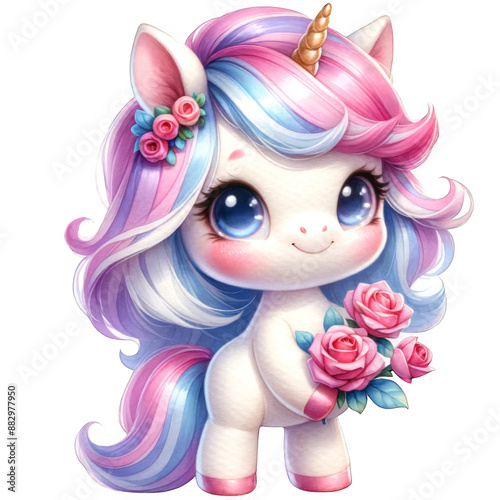 Cute unicorn with pink roses 