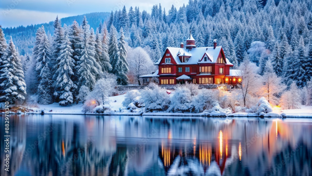Fototapeta premium Isolated grandiose crimson mansion amidst wintry wonderland, surrounded by snow-laden trees, frozen lakes, and majestic mountainous scenery, exudes luxury and serenity.