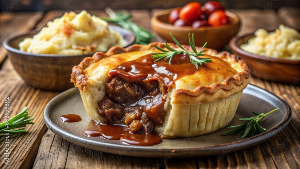 Hearty plate of savory Australian meat pie with flaky crust, rich gravy, caramelized onions, ketchup, and creamy mashed potatoes. Hearty plate of savory Australian meat pie with flaky crust, rich gravy, caramelized onions, ketchup, and creamy mashed potatoes.