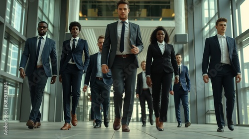 Ground-level shot of a multi-racial business team in suits approaching.