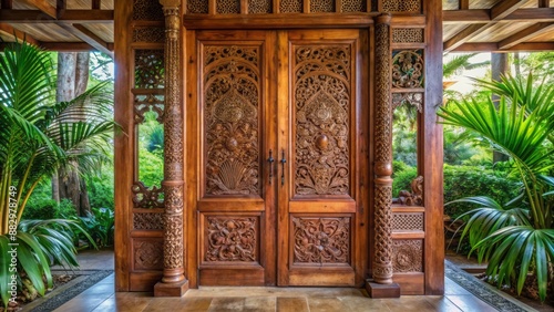 Intricately carved teak wood Gebyok door, a traditional Javanese partition, stands elegantly in a serene, rustic, and culturally rich setting. photo