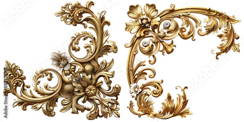 Gold Vintage Baroque Corner Ornament Set Isolated on Transparent or White Background, PNG