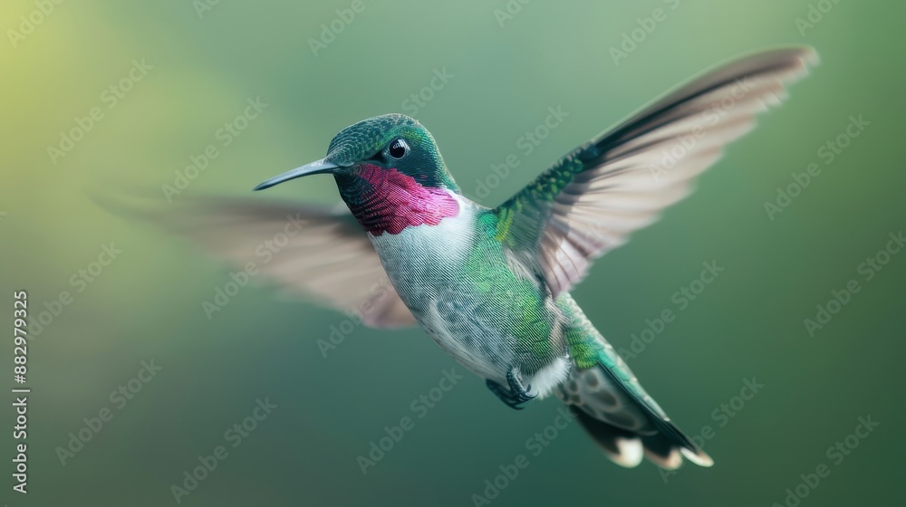 A hummingbird is flying in the air with its wings spread wide