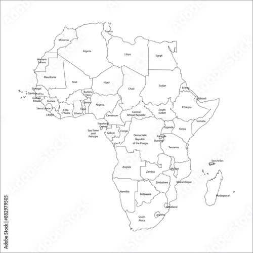Outline map of Africa with the country named stock vector