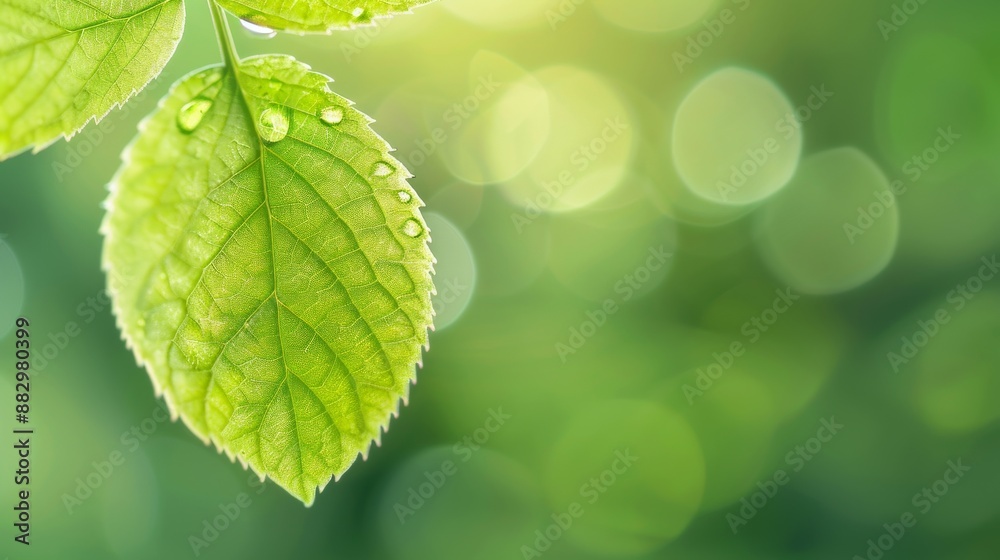 Close-up of a fresh green leaf with water droplets, set against a soft-focus background of light and greenery in a nature scene. Close-up of a fresh green leaf with water droplets, set against a soft-focus background of light and greenery in a nature scene.