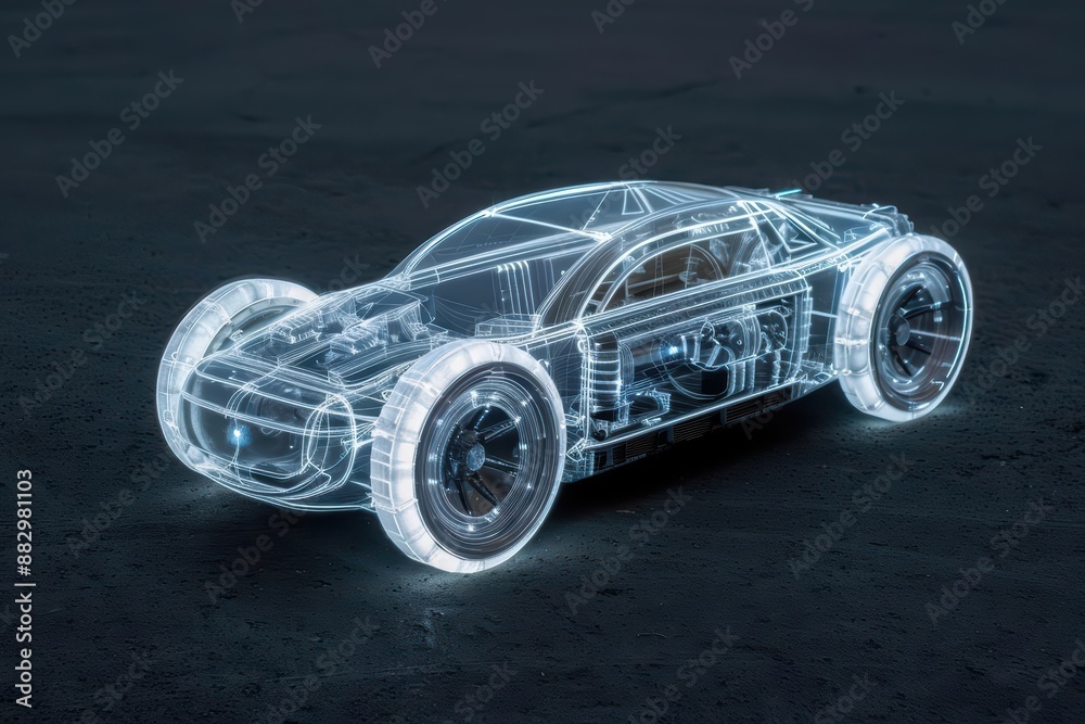 Fototapeta premium In a supernatural scene, spectral mechanics crafted a futuristic solar car, its translucent body shimmering with the power of enchanted sunlight