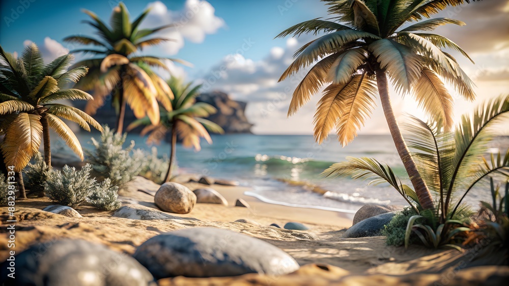 Fototapeta premium lost island view from the shore of the sea waves and palm trees