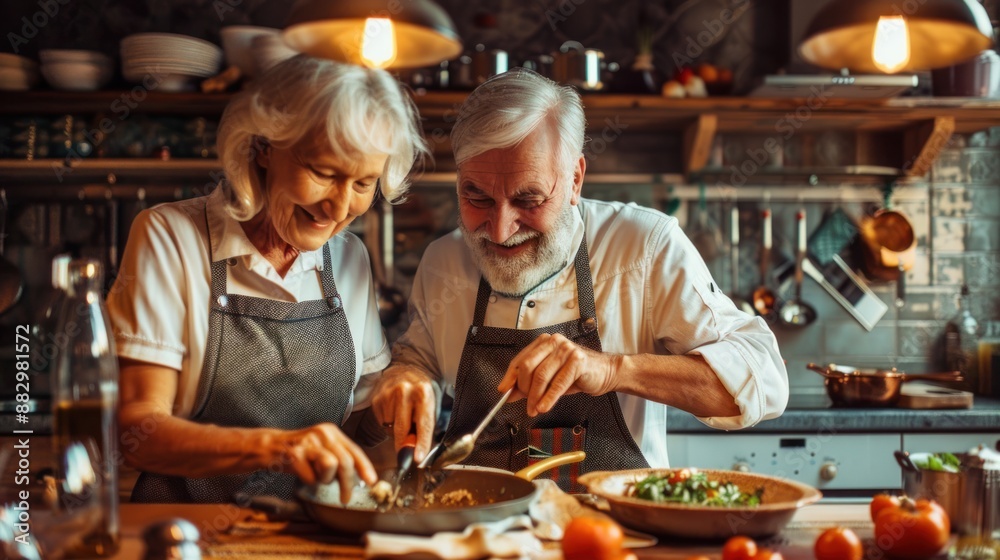senior couple in aprons is tasting dishes and smiling while cooking together in kitchen