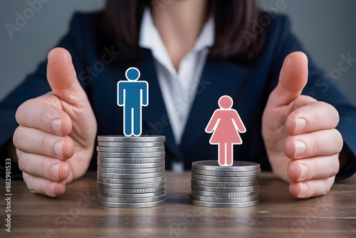 Symbolic Representation of Gender Pay Disparity: Female and Male Figures on Unequal Stacks of Coins photo