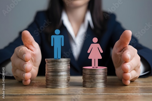 Symbolic Representation of Gender Pay Disparity: Female and Male Figures on Unequal Stacks of Coins photo