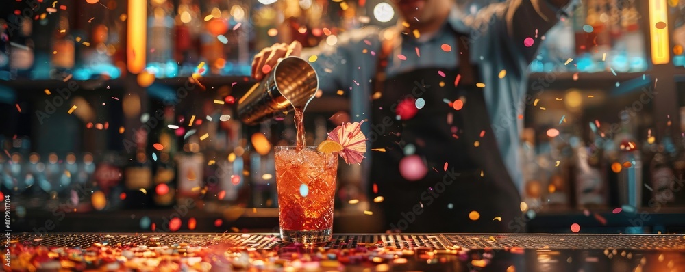Bartender mixing drinks at a disco party, confetti falling around the bar focus on, cocktail night, dynamic, manipulation, bar counter backdrop Bartender mixing drinks at a disco party, confetti falling around the bar focus on, cocktail night, dynamic, manipulation, bar counter backdrop