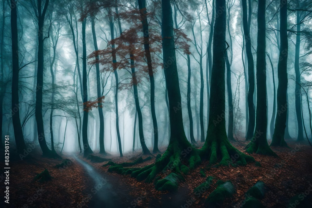 Naklejka premium Panorama of foggy forest. Fairy tale spooky looking woods in a misty day. Cold foggy morning in horror forest.