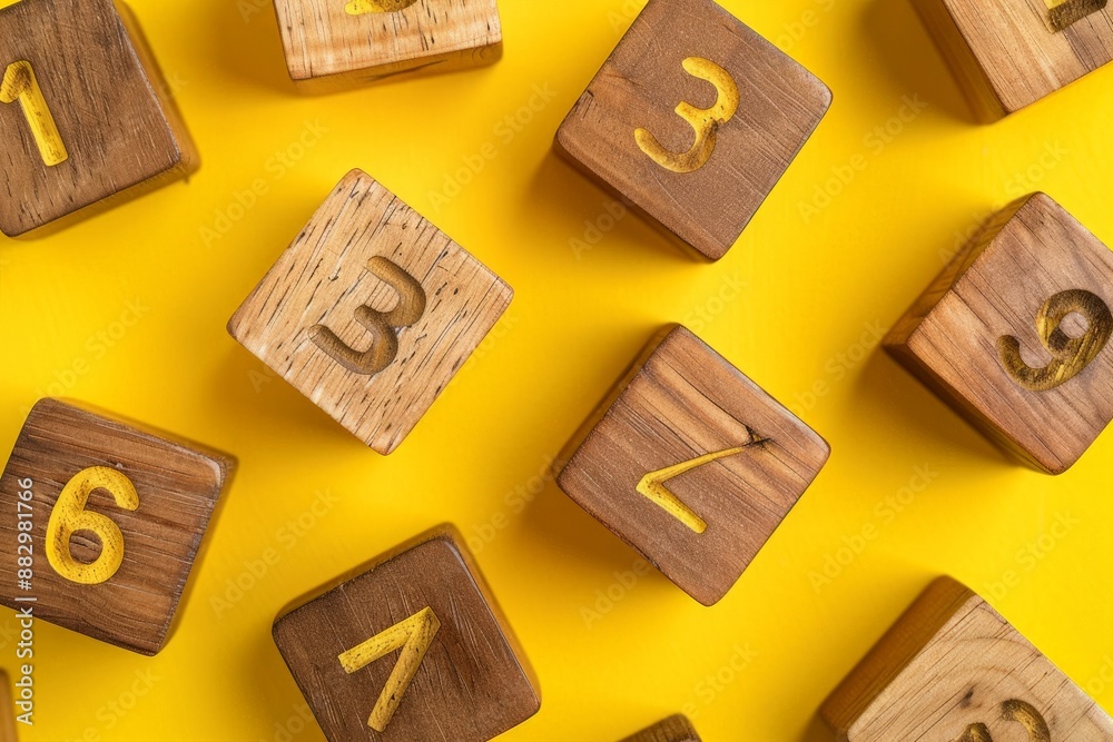 Wooden cubes with numbers arranged on a yellow background, featuring a minimalistic style and simple composition with a feminine palette. Wooden cubes with numbers arranged on a yellow background, featuring a minimalistic style and simple composition with a feminine palette.