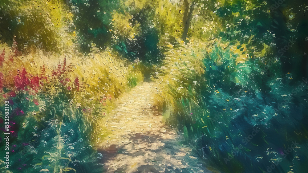 Obraz premium Summer Trail - Vintage Painting, Rustic Art, Seasonal, Cottage core, Country, Antique