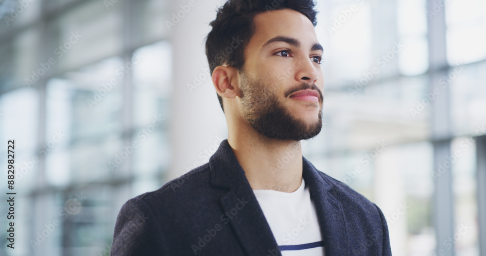 Business, thinking and man in office building with goal, ambition and first day at new company. Male employee, smile and motivated in lobby for internship, idea or inspired in morning for opportunity Business, thinking and man in office building with goal, ambition and first day at new company. Male employee, smile and motivated in lobby for internship, idea or inspired in morning for opportunity