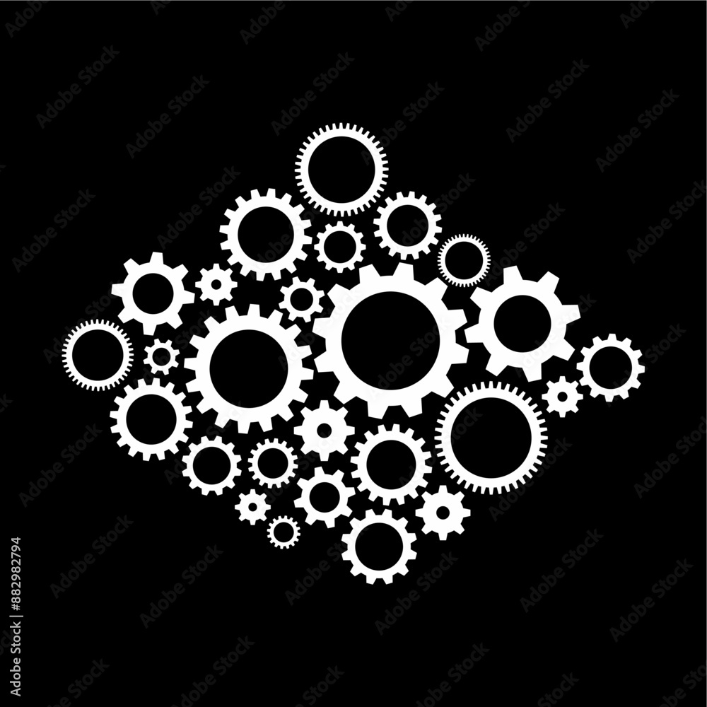 Gear wheel vector icon set ilustration. Machinery technology cogwheel symbol. Work setting gear wheels engine. Configuration technical rotation. Mechanism symbol factory industry in white black color Gear wheel vector icon set ilustration. Machinery technology cogwheel symbol. Work setting gear wheels engine. Configuration technical rotation. Mechanism symbol factory industry in white black color