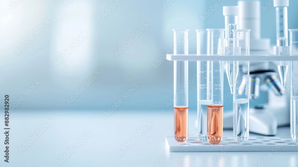 Close-up of test tubes with liquid in a laboratory setting, with a blurred microscope in the background. Scientific research concept. Close-up of test tubes with liquid in a laboratory setting, with a blurred microscope in the background. Scientific research concept.