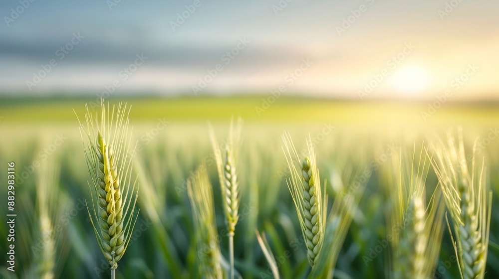 Close-up of wheat field at sunrise with soft focus on fresh green spikes and golden light, creating a peaceful and natural agricultural scenery.