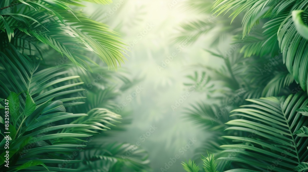 A lush green jungle with a bright sun shining through the leaves A lush green jungle with a bright sun shining through the leaves