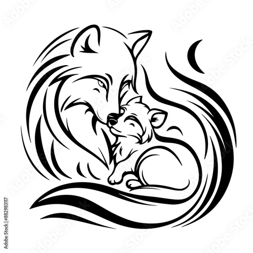 A mother she-wolf tenderly cares for her wolf cub. Vector monochrome tattoo design with soft curves and smooth lines on white background