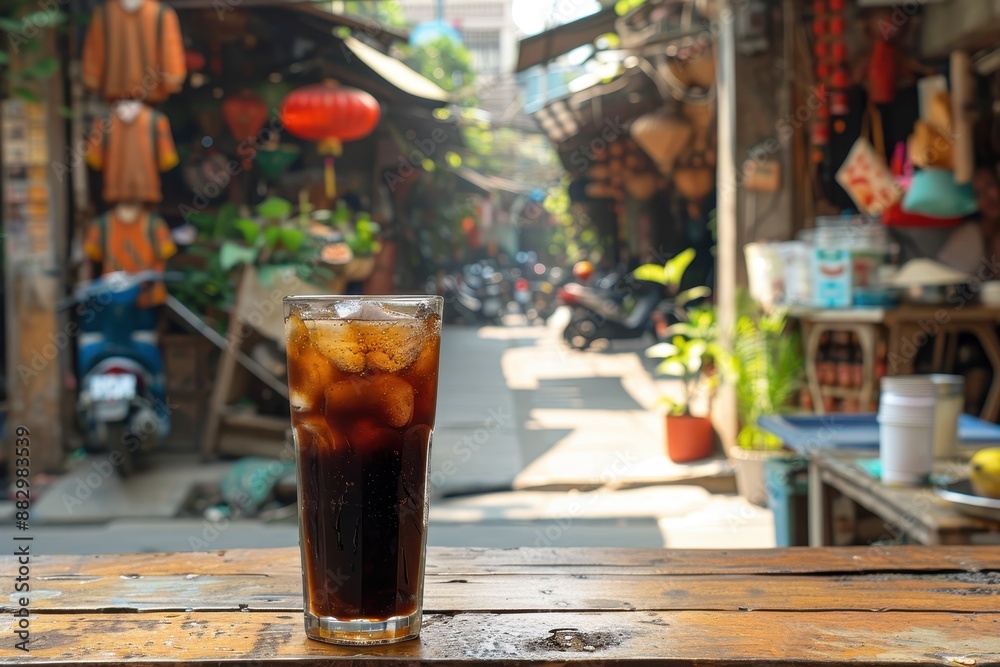 Refreshing Drink on a Busy Street